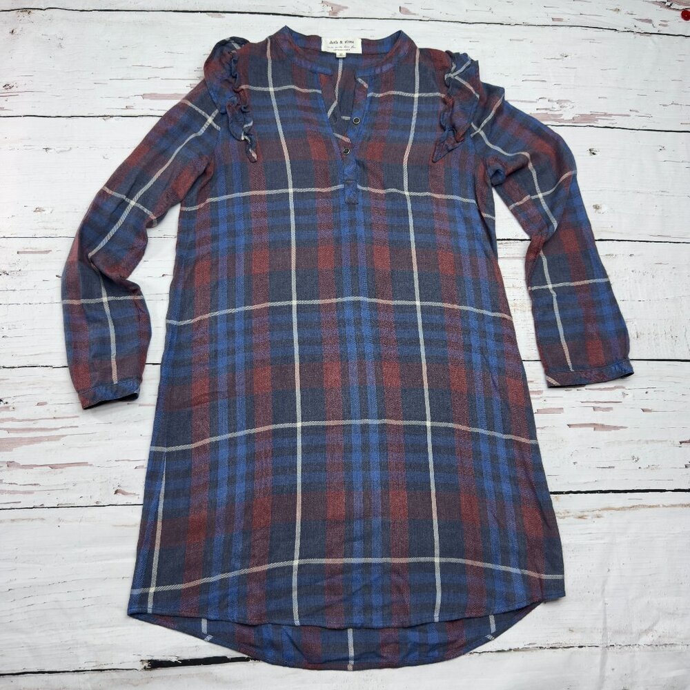 Cloth & Stone Anthropologie Plaid Tunic Dress Blue S Ruffle‎ - Picture 2 of 9
